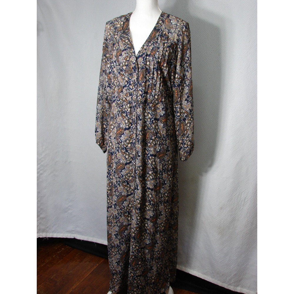 Natural Life Maxi Dress XL Boho Paisley Gold Shimmer Button Front Lined Navy - Picture 2 of 7